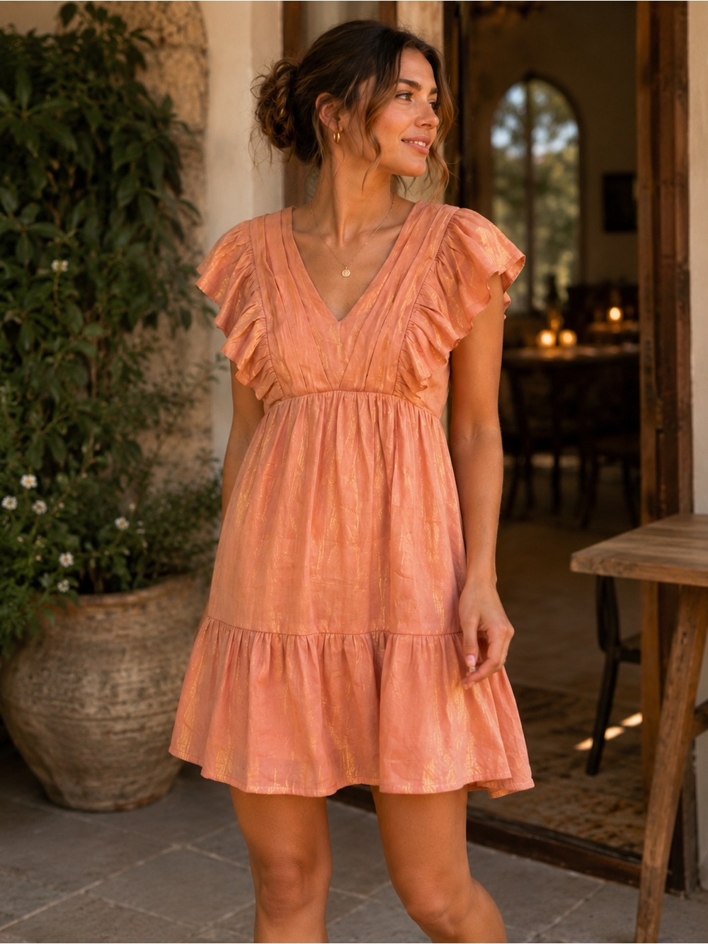 TCEC Peach Gold Shimmer Ruffle Tiered Open Back Dress Small